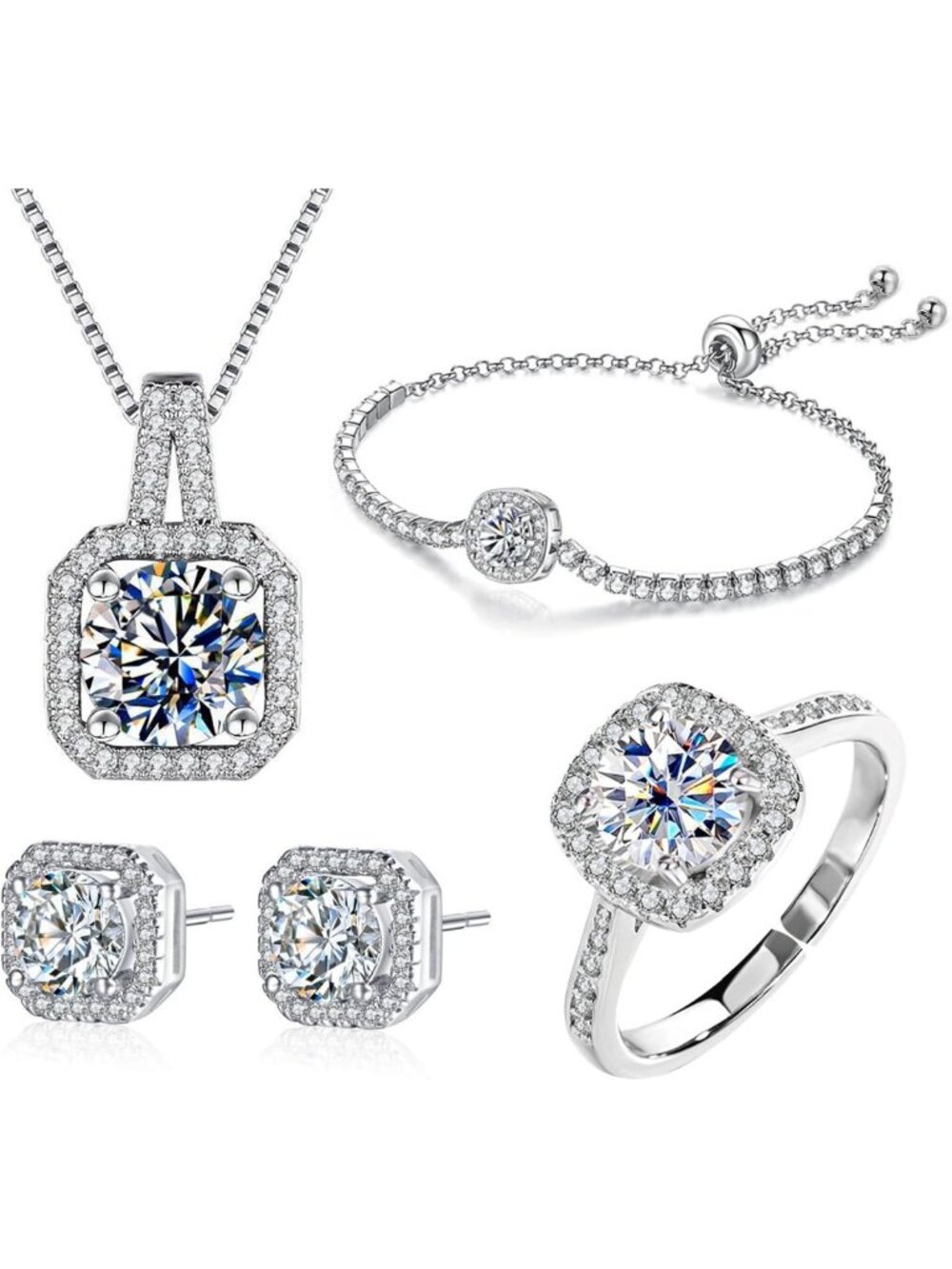 Elegant 4-Piece Cubic Zirconia Jewelry Set - Necklace, Earrings, Bracelet, Ring